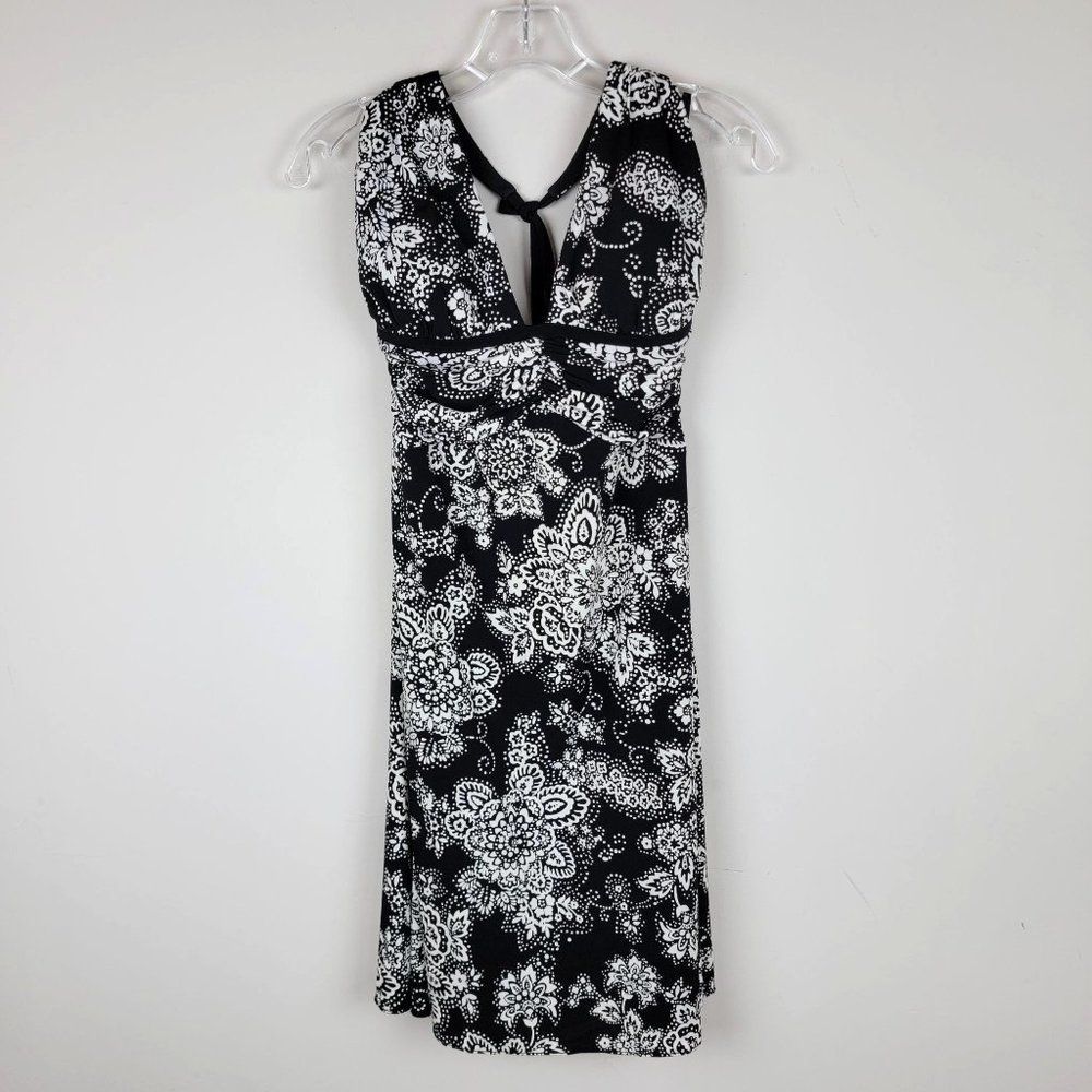 White House Black Market Black White Floral Halter V-Neck Low Back Midi Dress 2